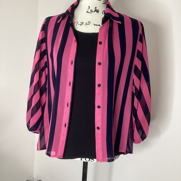 Vintage Sans Souci Sheer Stripe Blouse Button Front Batwing Dolman Sleeves Small - Picture 6 of 13